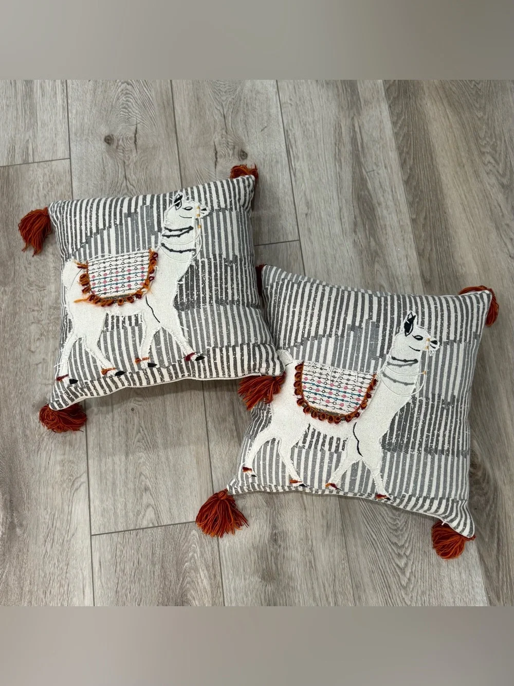 Llama Embroidered Decorative Throw Pillow Pair - Gray & Rust Accents